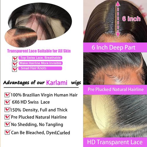 Karlami 6x6 Closure Bob Wig Human Hair HD Transparent Bob Lace Front Wigs Human Hair for Women 150% Density Short Bob Wigs
