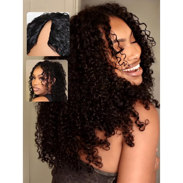 UNICE EasiContour V Part Wigs Human Hair Jerry Curly Glueless Wigs Human Hair Clip in Vpart Wig Minimal Leave Out Upgrade U Part Human Hair Wig Beginner Friendly 18 inch
