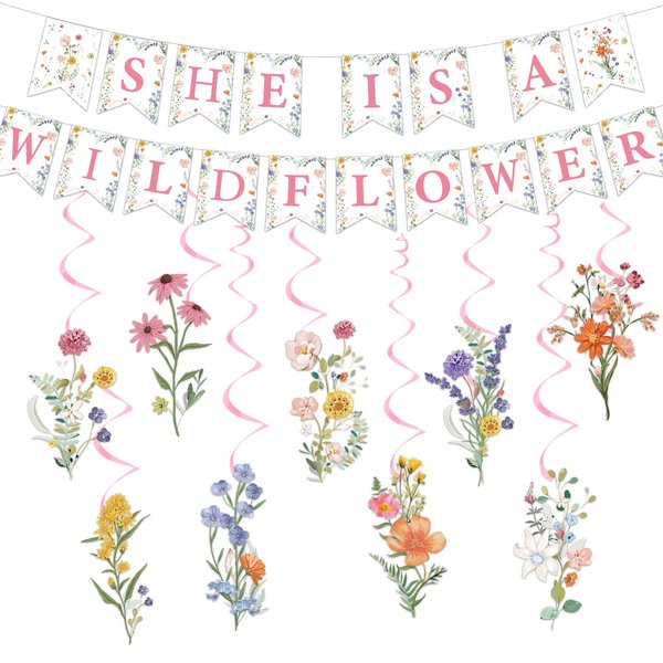 Rngmsi She Is a Wildflower Party Decorations - 11PCS Floral Baby Shower Decorations Spring Wildflower Birthday Party Banners Hanging Swirls Decorations Supplies a Little Wildflower Is on the Way Decor