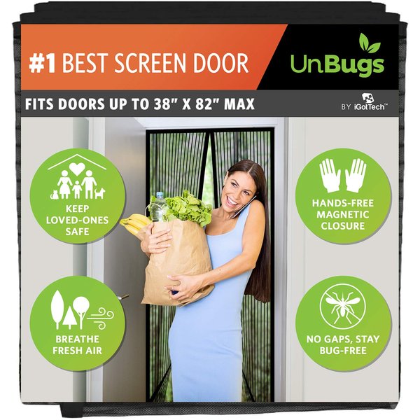UnBugs Magnetic Screen Door - Fits Doors up to 38 x 82 Inches MAX - Pet & Kid Friendly, Self-Closing - Hands Free Magnet Closure Keeps Bugs Out & Breeze in