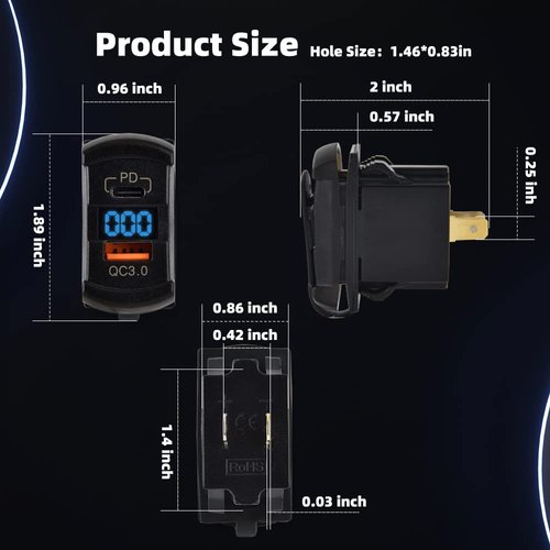 CNAODUN USB Rocker Switch USB C Charger Socket with Waterproof Cover Dual PD and QC3.0 12V/24V Blue Led Voltmeter for Rocker Type Marine Switch Panel On Marine Rv Vehicles…