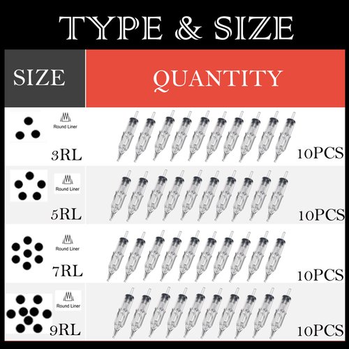 40pcs Tattoo Cartridge Needles, Urknall Tattoo Needles Mixed 3RL 5RL 7RL 9RL Round Liner Cartridge Needles