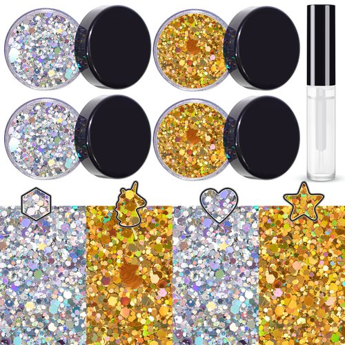 Silver and Gold Holographic Chunky Glitter Cosmetic Body Hair Face Eye Nail for Festival Carnival Concert Party Beauty Rave Accessories Different Shapes 4 Pots 32g/1.12oz+ Quick Dry Primer Glue Gel