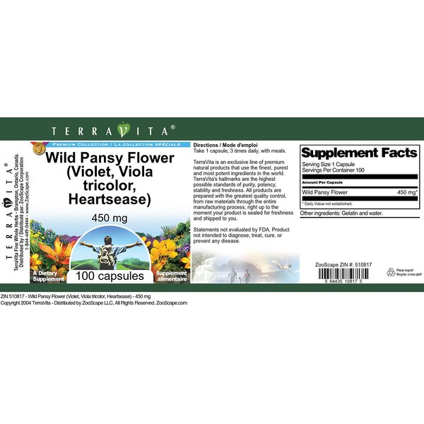 Wild Pansy Flower (Violet, Viola Tricolor, Heartsease) - 450 mg (100 Capsules, ZIN: 510817) - 3 Pack