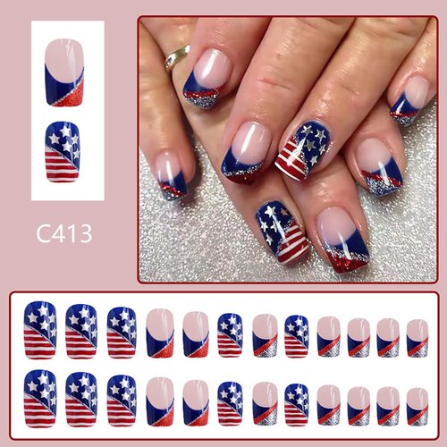 Rilafuvu 4th of July Press on Nails Short Fake Nails Square with USA Patriotic Design Glue on Nails American Stars and Stripes Glitter Acrylic Nails Fourth of July Nails for Women Girls 24Pcs