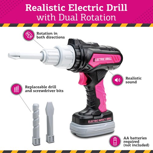 Toddler Girl Tool Set (Pink) with Carrying Case, Electronic Toy Drill & Vest – Pretend Play Tolls Kit with Safety Goggles, Gas Shield, Tape Measure, Saw, Bubble Level, Screwdriver, Nuts & Bolts