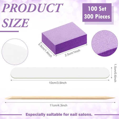 100 Sets Disposable Manicure Kit Includes Wood Nail File Wood Stick and Buffer Basics 3 Piece Nail Kit Manicure and Pedicure Kits Individually Package for Home Travel Salon Use