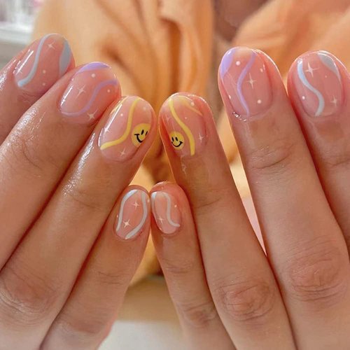 24 Pcs French Tip Press on Nails short AZTSYT Colored Lines Fake Nails Oval stick on Nail Short Glue on Nails Acrylic Cute Smiley Face Design False Nails for Women Or Girl Manicure Ornament
