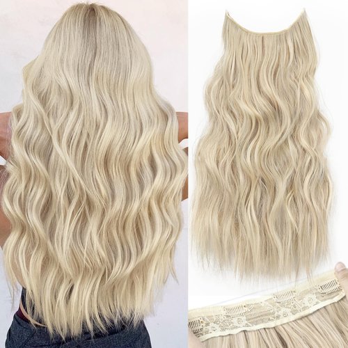 KooKaStyle Invisible Wire Hair Extensions with Transparent Headband Adjustable Size 4 Secure Clips Long Wavy Secret Wire Hairpiece Light Brown mix Platinum Blonde 24 Inch for Women