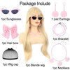 morvally Long Blonde Wig with Bangs for Women Wavy Synthetic Hair Wigs Cosplay Costume Halloween Party Daily Wear Including Shell Necklace Bracelets Earrings Sunglasses and Bow Hair Clip