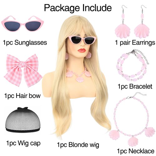 morvally Long Blonde Wig with Bangs for Women Wavy Synthetic Hair Wigs Cosplay Costume Halloween Party Daily Wear Including Shell Necklace Bracelets Earrings Sunglasses and Bow Hair Clip