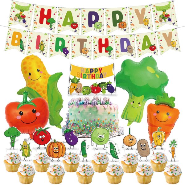 Vegetable Birthday Party Supplies Cute Vegetable Party Decorations Include HAPPY BIRTHDAY Banner Foil Balloons Cake Topper Cupcake Toppers Cartoon Birthday Party Decoration