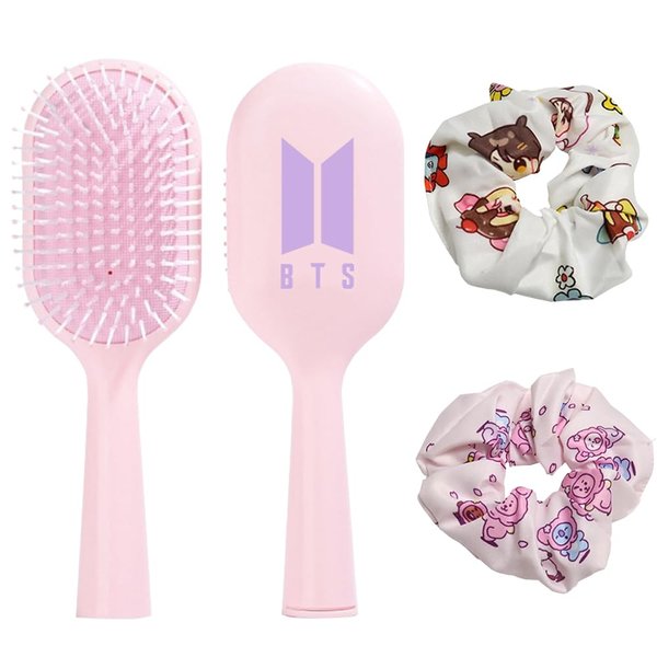 BTS Merchandise Hair Brush for Women & Men, BTS Logo Design, Hair Straightening Brushes for Straight, Curly & Wet Hair with 2 Pcs Hair Scrunchies