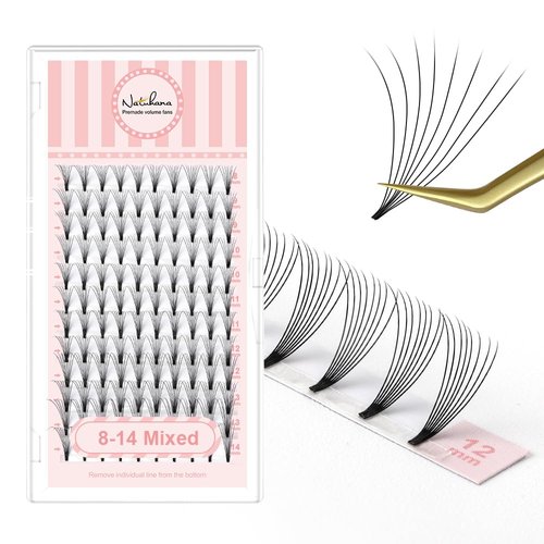NATUHANA Premade Fan Eyelash Extension 8D Short Stem 0.07mm D Curl 8-14mm Mixed Tray Russian Volume Lash Pre made Fan False Lashes Short Root Lash Supplies Lash Extensions (8-14 MIX, 8D black;0.07 D)
