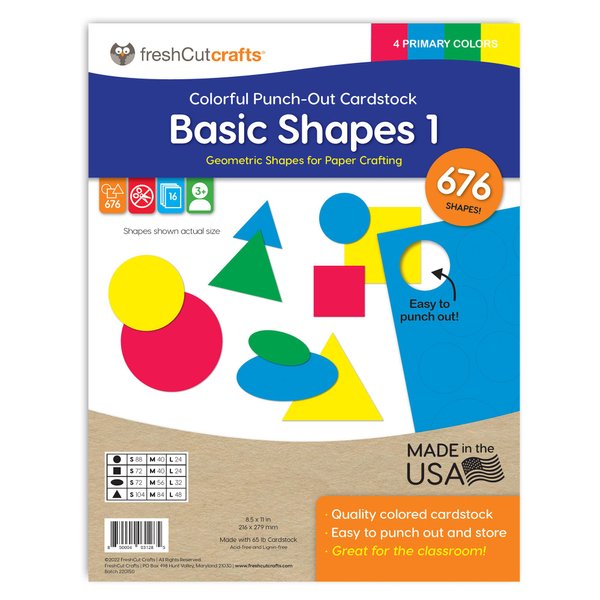 FreshCut Crafts | Basic Shapes Circles, Triangles, Squares, Ovals, US Made Card Stock Punch Out Geometric Shapes for Math, Pattern Play and Crafting, 676 Shapes in 3 Sizes and 4 PRIMARY Colors