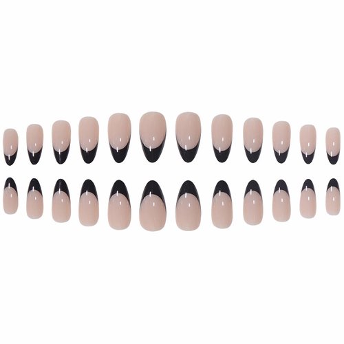 MERVF Almond Press on Nails Medium Black French Tip Fake Nails Glossy Oval Black Glue on False Nails Natural Nails Full Cover Acrylic Nails Press ons