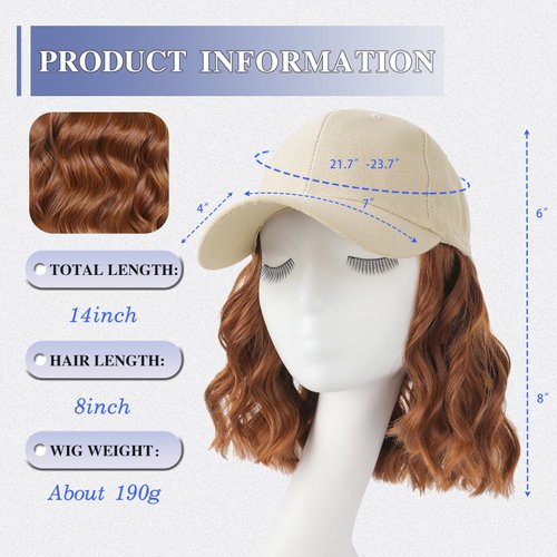 FORCUTEU Hat Wigs for Women Baseball Cap with Hair Extensions 14 Inch Short Wave Curly Synthetic baseball Cap Wig for Women Adjustable Hat with Hair Attached for Daily Use