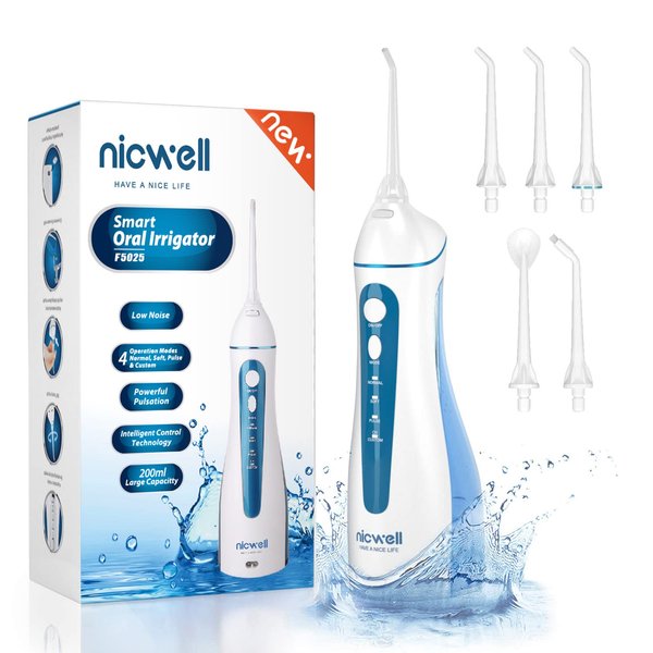 Water Dental Flosser Cordless for Teeth - Nicwell 4 Modes Dental Oral Irrigator, Portable and Rechargeable IPX7 Waterproof Powerful Battery Life Water Teeth Cleaner Picks for Home Travel
