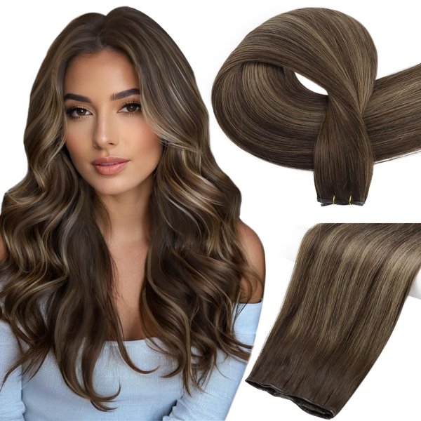 Full Shine Sew In Hair Extensions Real Human Hair Genius Weft Hair Extensions Hand Tied Extensions Real Hair Darkest Brown To Light Brown Mix Darkest Brown Hair Extensions Straight Weft 60G 20 Inch