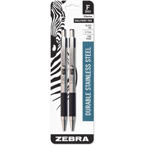 Zebra Pen F-301 Retractable Ballpoint Pen, Stainless Steel Barrel, Fine Point, 0.7mm, Black Ink, 2-Pack