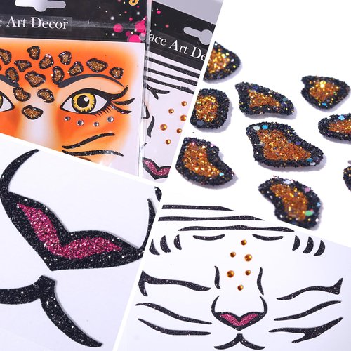 Cool Lion Face Stickers Fashion Leopard Face Jewel Sticker Glitter Sparkling Face Art Stickers Kid Crystals Tattoos Sticker Party Face Eye Decoration for Cosplay,Make Up,Festival Party 2Pcs