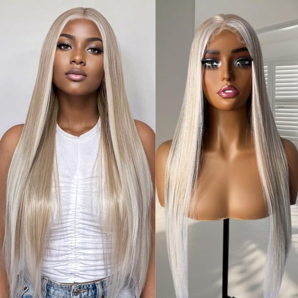FENJUN Highlight Ombre Ash Blonde Lace Front Wigs with Cap+Comb, Grey White Blonde Babylights Long Straight Japanese Synthetic Wigs for Women Platinum Blonde Balayage Highlight Streaks Pre plucked