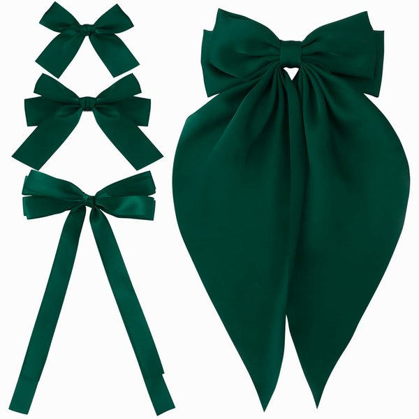 Atoden Green Hair Bows for Women Girls 4 Pcs Silky Satin Hair Ribbons Oversized Long Tail Bow Hair Clips Hair Barrettes Alligator Metal Clips Big Bowknot Cute Hair Accessories Christmas Gifts