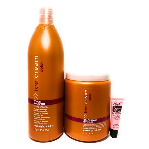 Inebrya Ice Cream Color Shampoo Creme Caramel 33.8 Oz and Ice Cream Color Mask Tutti Frutti 33.8 Oz * Free Starry Lip Plumping Gloss 10ml