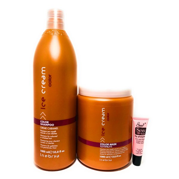 Inebrya Ice Cream Color Shampoo Creme Caramel 33.8 Oz and Ice Cream Color Mask Tutti Frutti 33.8 Oz * Free Starry Lip Plumping Gloss 10ml