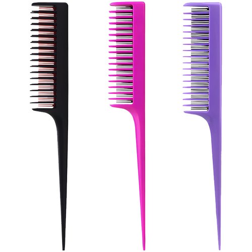3 Pack Professional Teasing Comb, Tail Comb for Root Teasing for Thin, Add Volume Fine and Normal Hair Types, Hair Comb For Women And Men, 8.15 Inches - Black, Magenta, and Purple