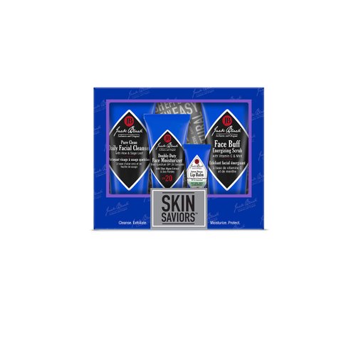 Jack Black Skin Saviors Set – Pure Clean Daily Facial Cleanser, Double-Duty Face Moisturizer SPF 20, Intense Therapy Lip Balm SPF 25 Natural Mint & Shea Butter, & Face Buff Energizing Scrub
