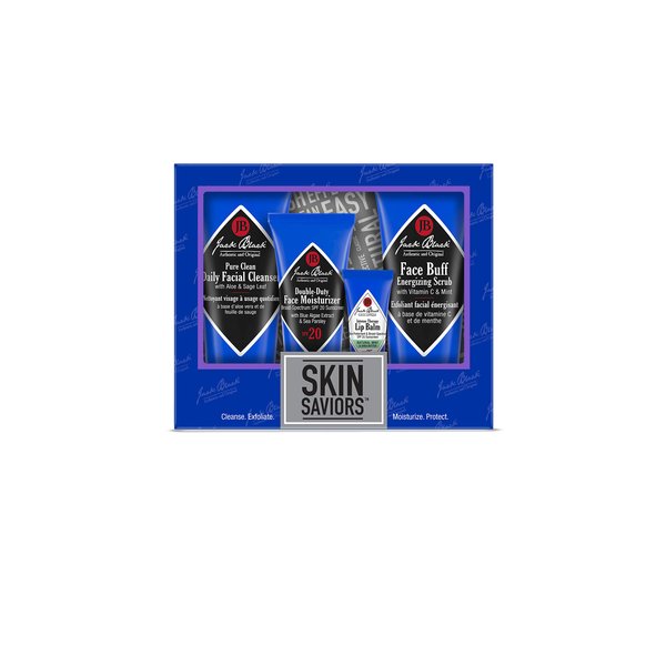 Jack Black Skin Saviors Set – Pure Clean Daily Facial Cleanser, Double-Duty Face Moisturizer SPF 20, Intense Therapy Lip Balm SPF 25 Natural Mint & Shea Butter, & Face Buff Energizing Scrub