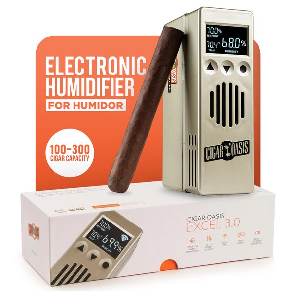 Cigar Oasis Excel 3.0 Electronic Humidifier for Humidor - LCD Humidity And Temperature Display - Efficient Sensor Controlled Fan - Soft-Touch Button - 100-300 Cigar Capacity