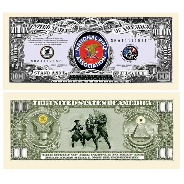 100 NRA National Rifle Assoc Million Dollar Bills with Bonus “Thanks a Million” Gift Card Set