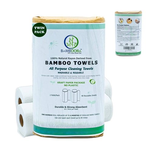 Reusable Bamboo Rayon Towels - Pack of 2 Washable Kitchen Paper Towels - Lint free, Zero Waste, Recyclable, 2x20 Heavy Duty Organic Washable Rolls