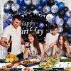 Blue and Black Birthday Decorations for Men Women, 62PCS Happy Birthday Decorations for Boys Girls, Black Blue Silver Birthday Party Supplies Birthday Banner Balloons Arch Kit Tablecloth Foil Curtains