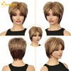 QUEENTAS Short Wigs for Women Short Hair Wigs for Women Brown Pixie Cut Wig for Women Synthetic Hair Wigs with Bangs Daily or Cosplay (Toffee Brown Mixed Golden Blonde)