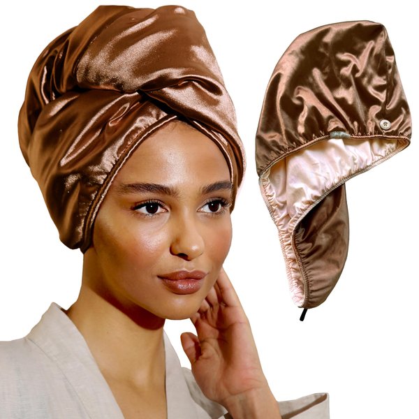 SMPL objects Satin and Bamboo Hair Towel Wrap for Women, Satin Hair Plopping Towel Curly Hair - Satin Hair Towel for Wet Hair (Pink - Bronze)