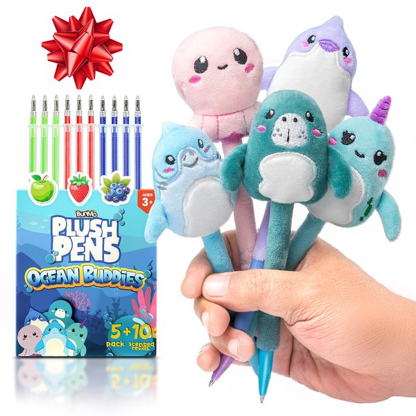 BUNMO Stocking Stuffers for Girls - Cute Gel Pens w/Soft Grip & 10 Refills Included - Gifts for Tween Girls - Designed for Squeezing - Fun Pens for Kids - Stocking Stuffers for Kids - Plush 5 Pack