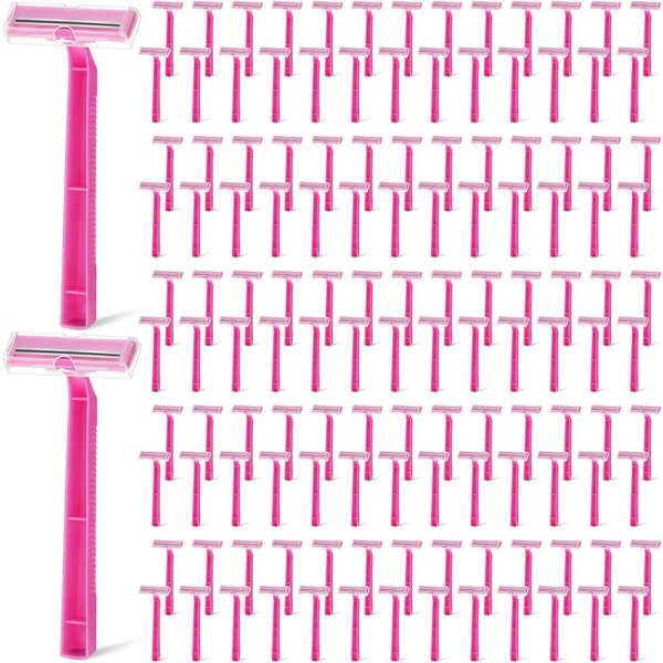 Women's Disposable Razors, Pink Razor Blades Bulk Pink Twin Blade Disposable Stainless Steel Hospitality Quality Shavers Multipurpose Portable Shave Razor Manual for Bathing Hotel Travel (100)
