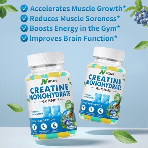 NOAVII Creatine Monohydrate Gummies 5000mg for Men & Women, Chewables Creatine Monohydrate for Muscle Strength, Muscle Builder, Energy Boost, Pre-Workout Supplement(90 Count)-Blueberry Pineapple