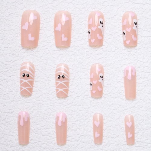 LRKNNO Halloween Nails Pink Press on Nails Medium Square Fake Nails with Cute Ghost Pink Heart Design Glossy Acrylic Nails Halloween Glue on Nails Holiday Cute False Nails for Women Girls DIY 24Pcs