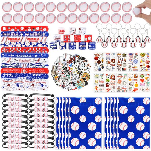 295 Pieces Baseball Party Favors Supplies Set Bulk Mini Baseballs Slap Bracelet Tattoo Sticker Keychain Adjustable Bracelet Goodie Bag Fillers for Sports Baseball Party Gifts Bags (Baseball)
