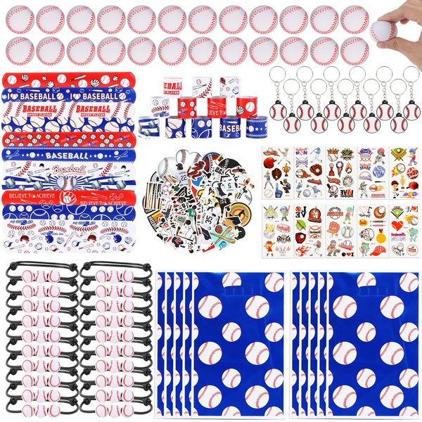 295 Pieces Baseball Party Favors Supplies Set Bulk Mini Baseballs Slap Bracelet Tattoo Sticker Keychain Adjustable Bracelet Goodie Bag Fillers for Sports Baseball Party Gifts Bags (Baseball)