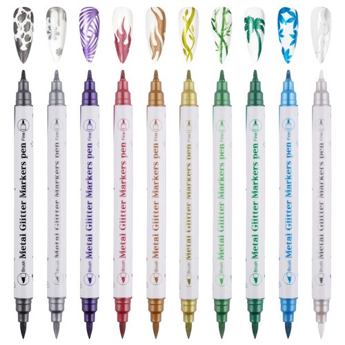 10 Color Metal Giltter 3D Nail Art Pens Set, Kalolary Double-ended Nail Point Graffiti Dotting Pen Drawing Painting Liner Brush for DIY Nail Art Beauty Adorn Manicure Tools(G)
