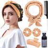 Heatless Curlers to Sleep in Heatless Curling Rod Headband For Long Hair Overnight Heatless Curls For Women velvet Hair Rollers, Bottle, Hair Clips, Scrunchie, Rat-tail Comb, 6 Pieces Set (khaki)