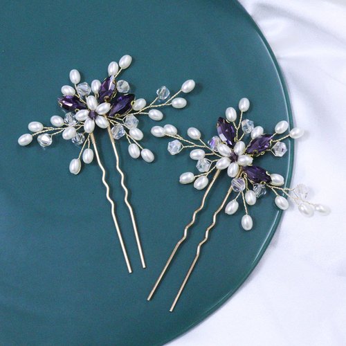 Brihasory Bridal Hair Pin Wedding Hair Accessories for Women Bride To Be Gifts Handmade Pearls Emerald Green Purple Rhinestone Gold Hair Clip 2PCS Banquet Prom Hair Accessory for Curly Girls (Purple)