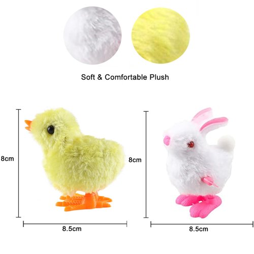 Vicketoy 8 Pack Easter Wind Up Chick Bunny Toys, Plush Chicken Wind-Up Toys Fluffy Rabbit Clockwork Toys Novelty Hopping Toys for Kids Easter Egg Hunt Basket Fillers Party Favors Birthday Gifts (#A)