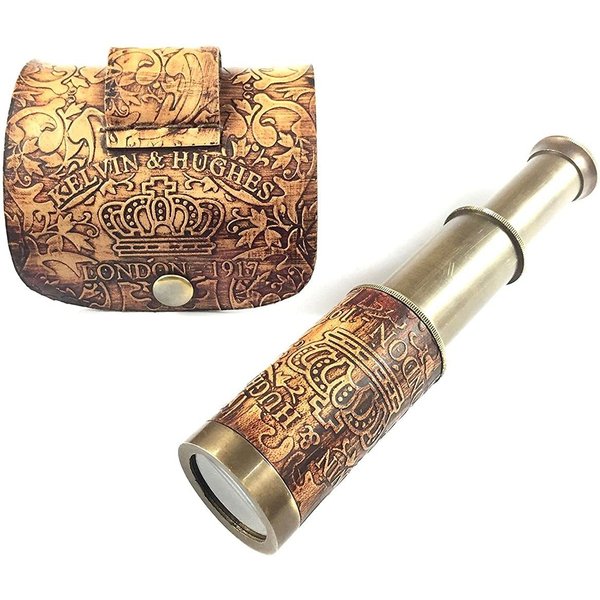 Nautical Handheld Pirate Brass Telescope with Box / Case ,Sailor Home Decor Pirate Captain Boat Toy Gift (6", Kelvin)