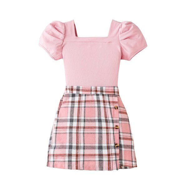 Milumia Girl's Two Piece Outfits Ruffle Trim Short Sleeve T Shirt and Plaid Skirt Sets Multi Pink 11-12 Years